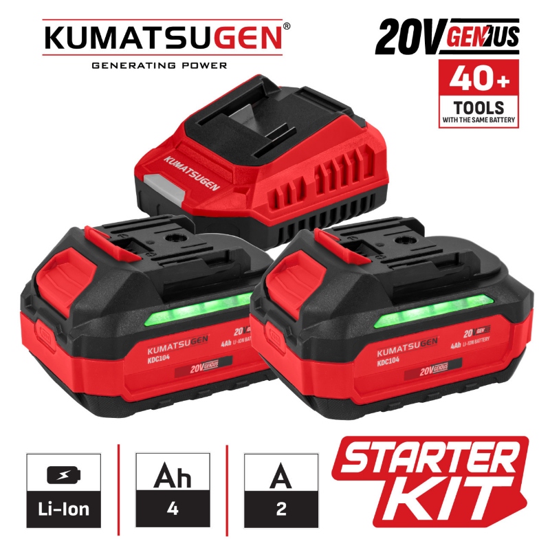 Kumatsugen KDC944 set punjač i baterije 2 x 4Ah 20V starter kit sa prikazom karakteristika