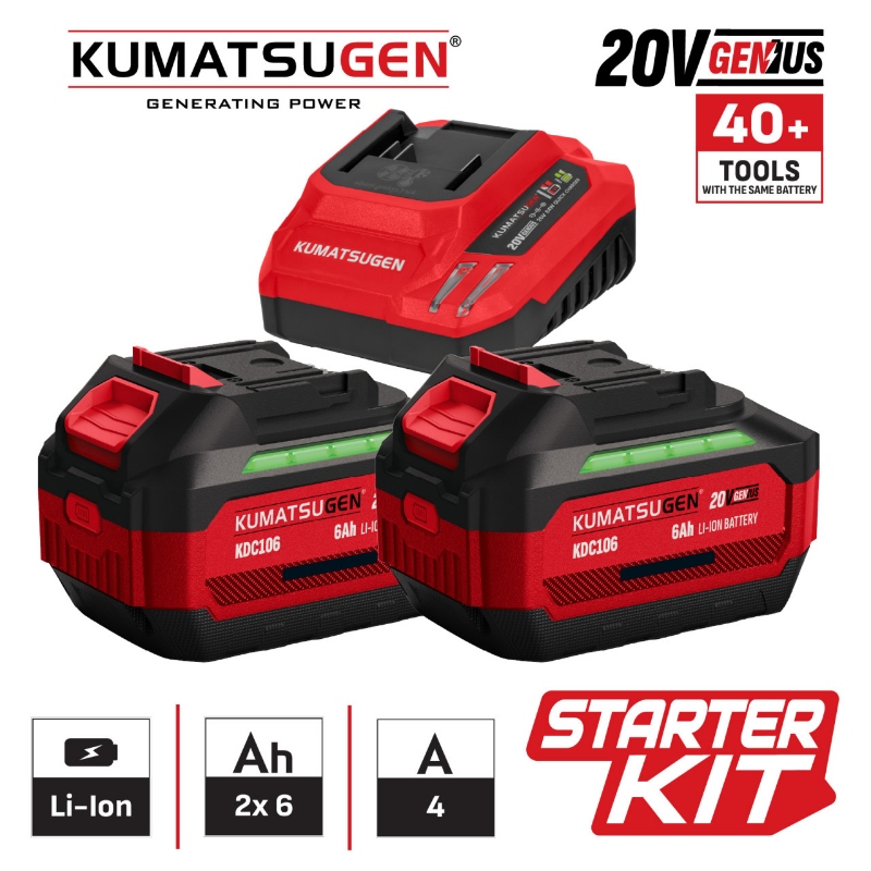 Kumatsugen KDC966 set punjač i baterije 2 x 6Ah 20V starter kit sa prikazom karakteristika