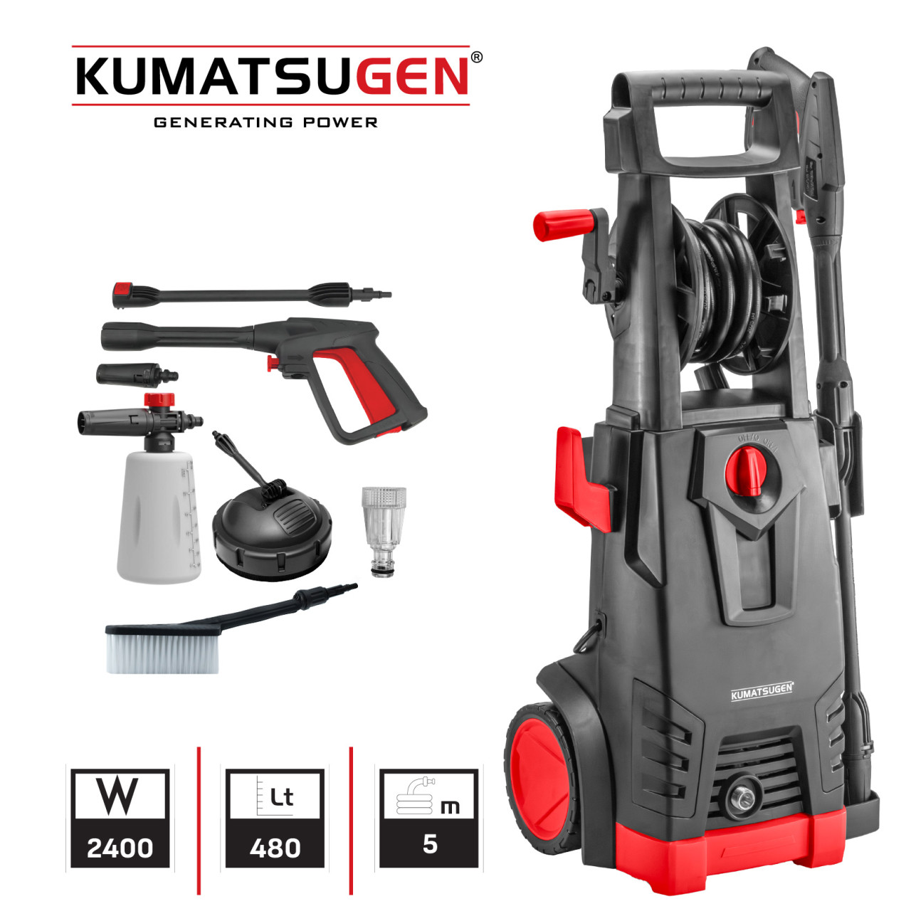 Kumatsugen KPW180 perač pod visokim pritiskom 180 bara, 2400W i 480L/h sa priborom za pranje vozila, dvorišta i terasa