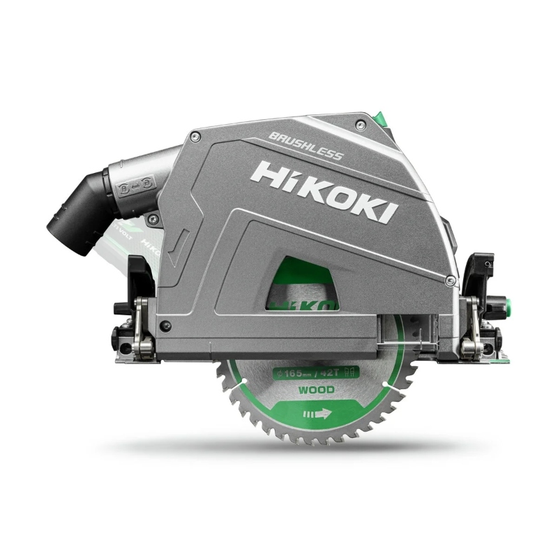 Hikoki C3606DPA-W2Z 36V aku potopni cirkular SOLO HITBOX sa zumiranim prikazom ključnih detalja, komandi i konstrukcije uređaja.