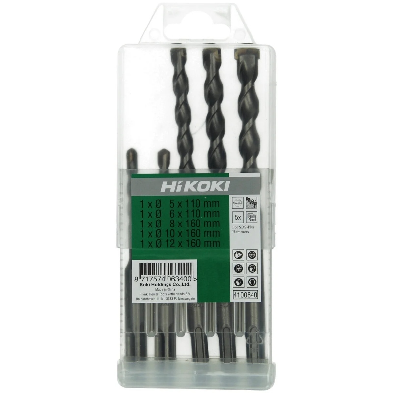 Hikoki set burgija za beton 4100840 SDS+ 5/1 sa dimenzijama 5, 6, 8, 10 i 12 mm za bušenje betona i tvrdih građevinskih materijala