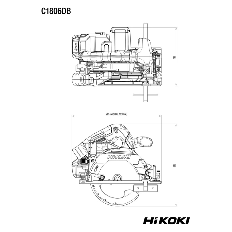 Tehnički nacrt Hikoki C1806DB-W4Z 18V aku cirkulara SOLO HITBOX sa prikazom dimenzija, konstrukcije i ključnih komponenti alata.
