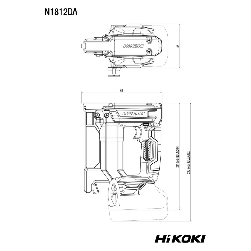 Tehnički nacrt Hikoki N1812DA-W4Z SOLO aku klamerice sa prikazom dimenzija, konstrukcije i ključnih komponenti alata.