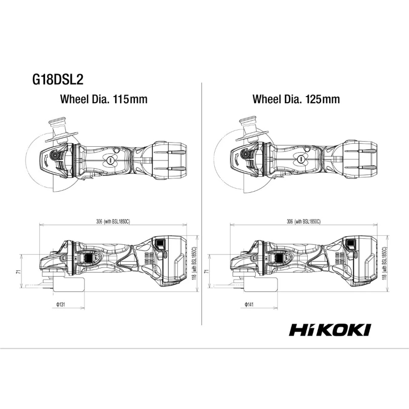 Tehnički nacrt HiKOKI aku brusilice G18DSL2 W5Z 18V sa prikazom dimenzija, glavnih komponenti i konstrukcije alata