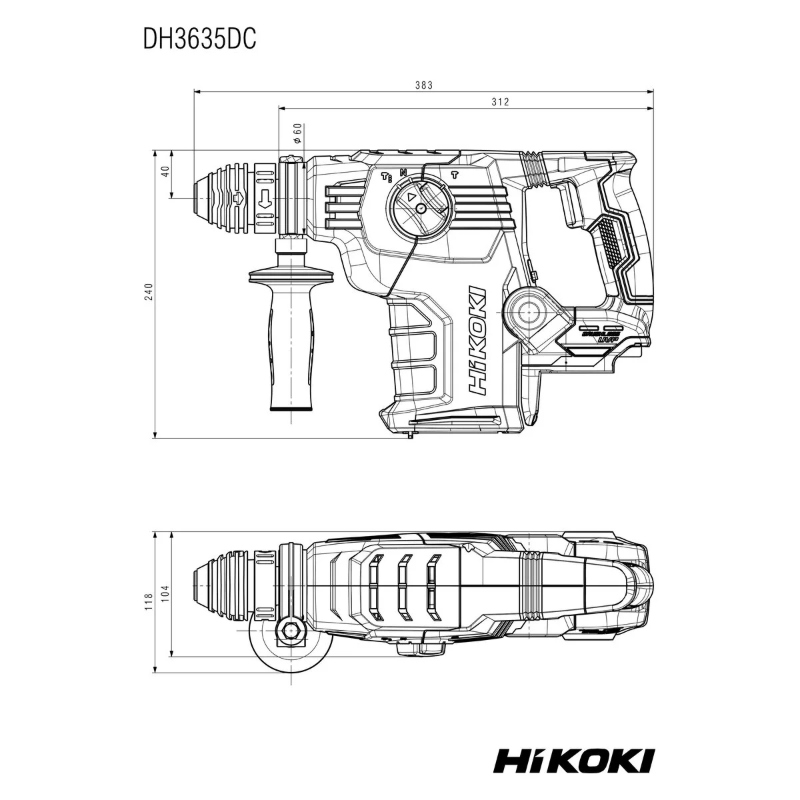 Tehnički nacrt HiKOKI akumulatorskog bušaćeg čekića SDS+ DH3635DC-W2Z SOLO HITBOX sa prikazom dimenzija i konstrukcije