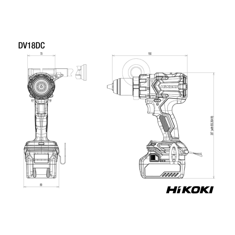 Tehnički nacrt HiKOKI akumulatorske udarne bušilice DV18DC-W2Z 18V SOLO HITBOX sa prikazom dimenzija i konstrukcije