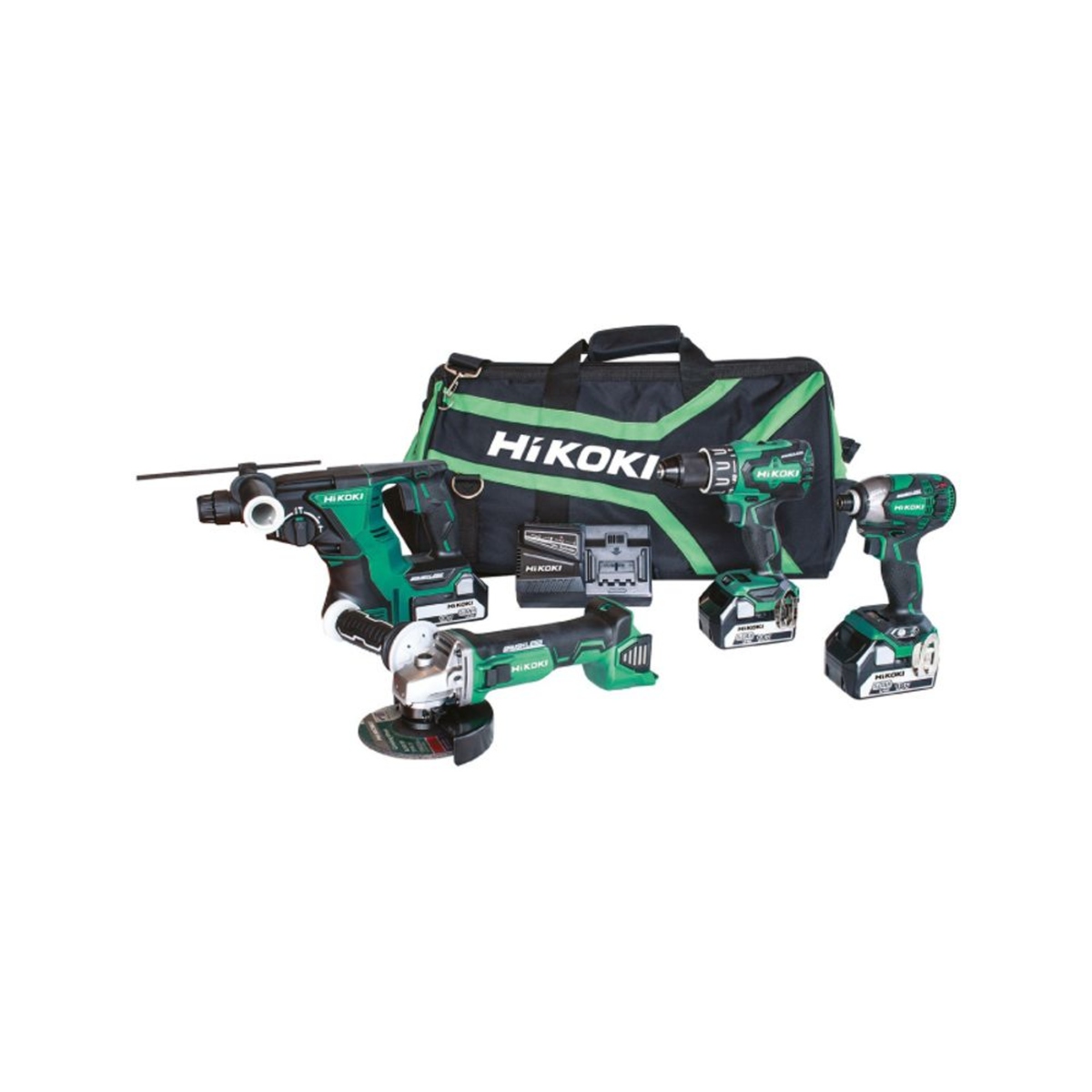HiKOKI aku set KC18DG4L sa aku bušilicom DS18DBSL, udarnim zavrtačem WR18DBDL2, bušaćim čekićem DH18DBL, ugaonom brusilicom G18DBL, baterijama i punjačem za profesionalnu upotrebu
