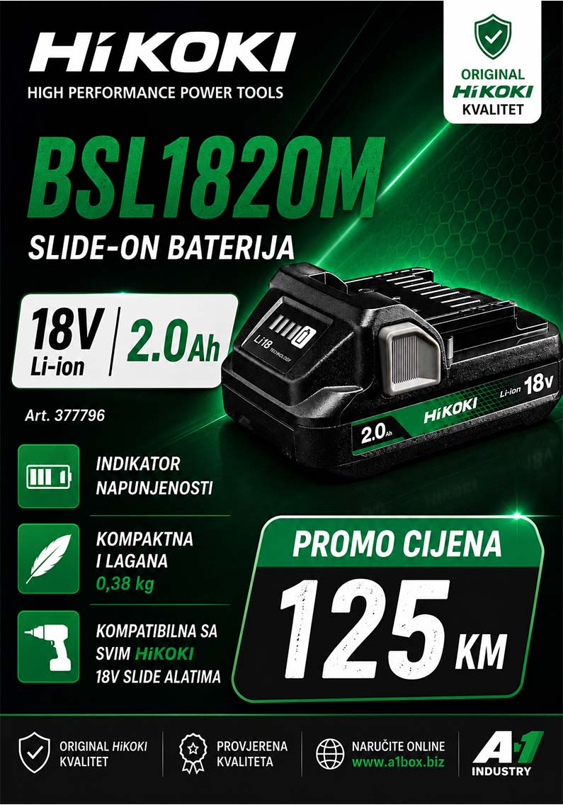 Originalna Hikoki baterija BSL1820M 18V 2Ah 377796 sa indikatorom napunjenosti za Hikoki 18V akumulatorske alate