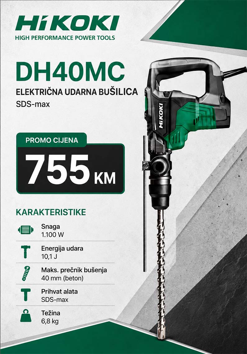 Originalni Hikoki bušaći čekić DH40MC 1100W SDS-Max za bušenje i štemovanje betona - sidebar banner