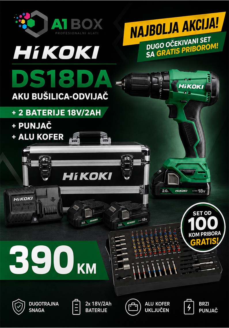 Hikoki aku bušilica DS18DA-WCZ 18V 50 Nm sa dvije baterije 2,0 Ah, punjačem i aluminijskim koferom sa bitovima - akcijski banner za lijevi sidebar A1Box