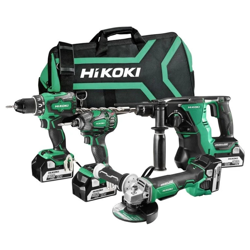 Originalni Hikoki aku set KC18DG4L sa aku bušilicom DS18DBSL, udarnim odvijačem WR18DBDL2, SDS-Plus čekić bušilicom DH18DBL i ugaonom brusilicom G18DBL