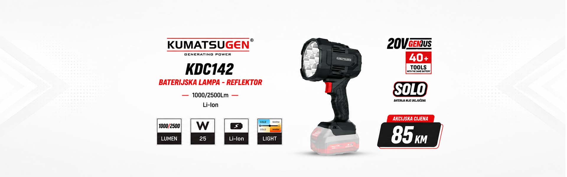 Kumatsugen KDC142 baterijska lampa – reflektor Li-Ion SOLO sa jačinom osvjetljenja 1000 i 2500 lumena za radionicu, gradilište i rad na terenu - slider banner