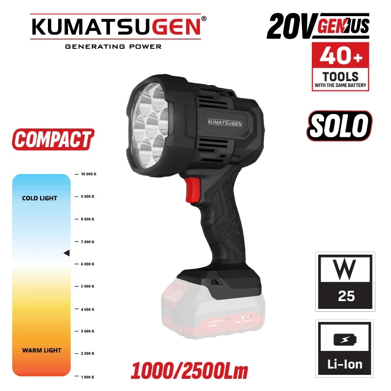 Kumatsugen KDC142 baterijska lampa - reflektor Li-Ion SOLO sa jačinom osvjetljenja 1000 i 2500 lumena za radove u radionici, na gradilištu i u prirodi