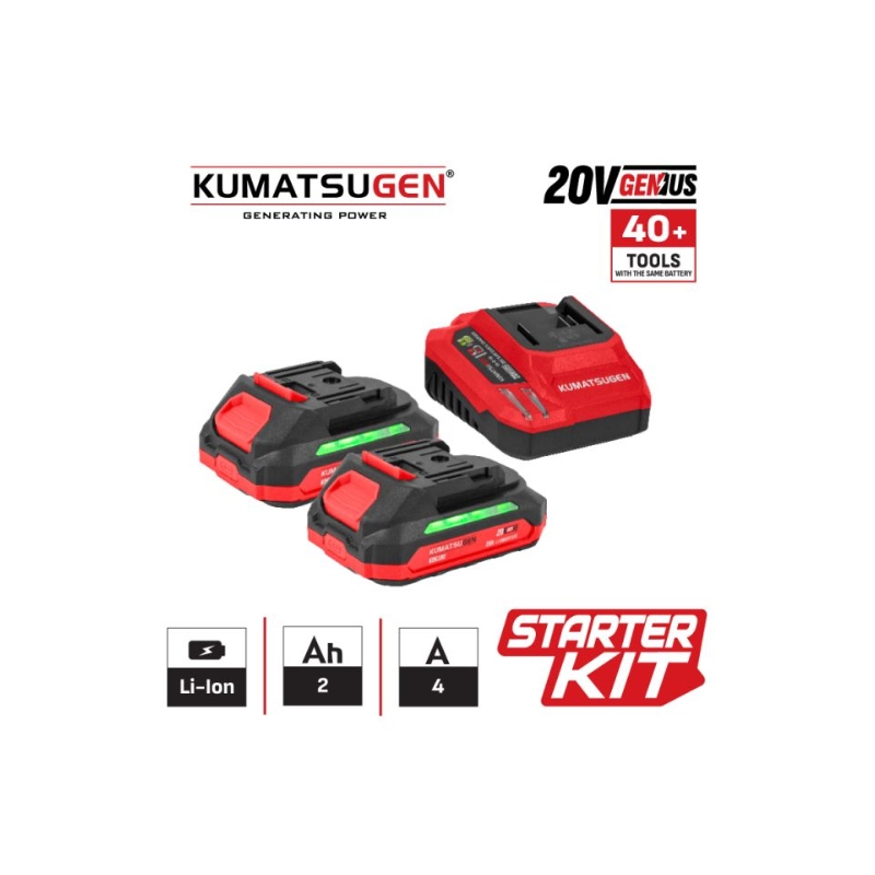 Kumatsugen KDC822 starter kit sa 4A punjačem i dvije 20V Li-Ion baterije kapaciteta 2Ah za napajanje Kumatsugen akumulatorskih alata