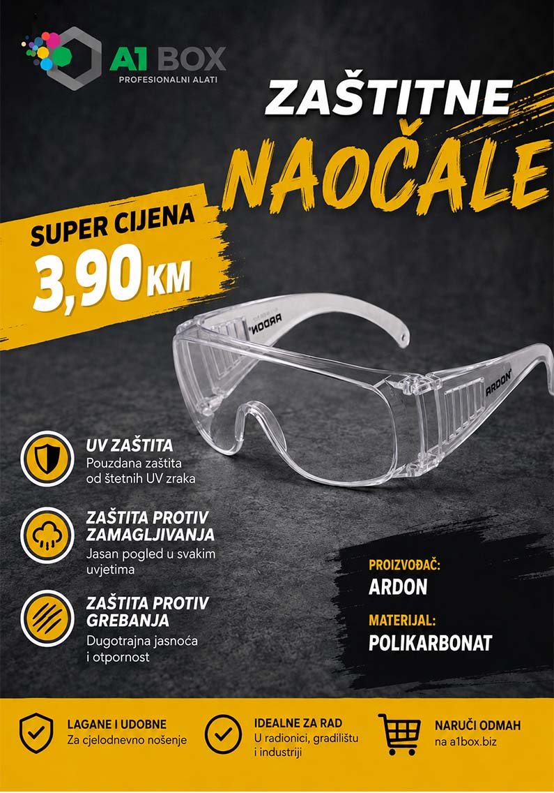 A1Box zaštitne naočale za sigurnu zaštitu očiju pri radu sa električnim alatima, mašinama i u građevinskim, industrijskim i zanatskim poslovima